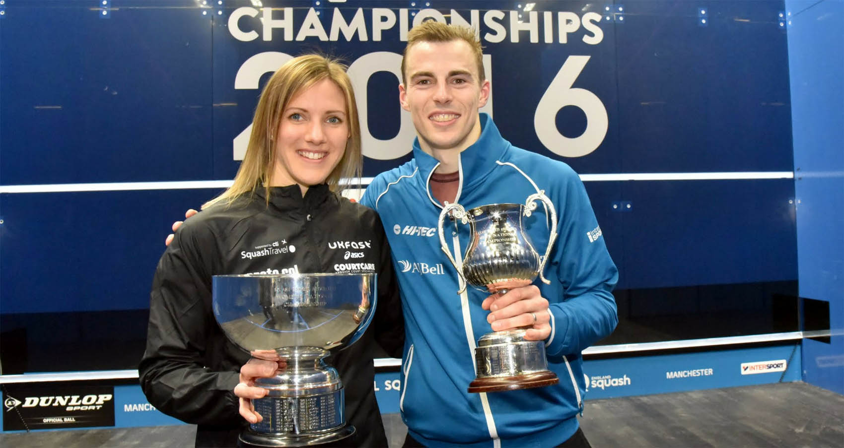 Laura Massaro and Nick Matthew with their 2016 National Squash Championship trophies