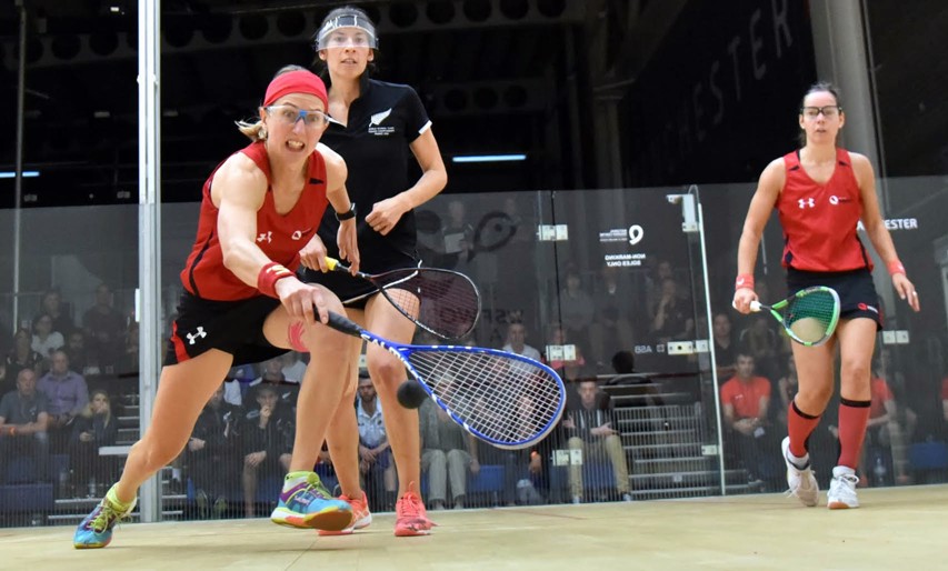 Alison Waters and Jenny Duncalf in action against New Zealand's Joelle King and Amanda Landers-Murphy