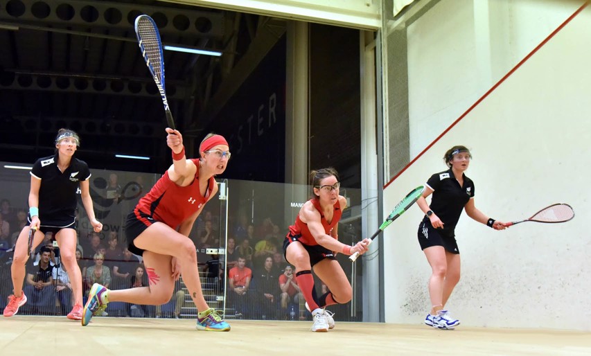 Alison Waters and Jenny Duncalf in action against New Zealand's Joelle King and Amanda Landers-Murphy