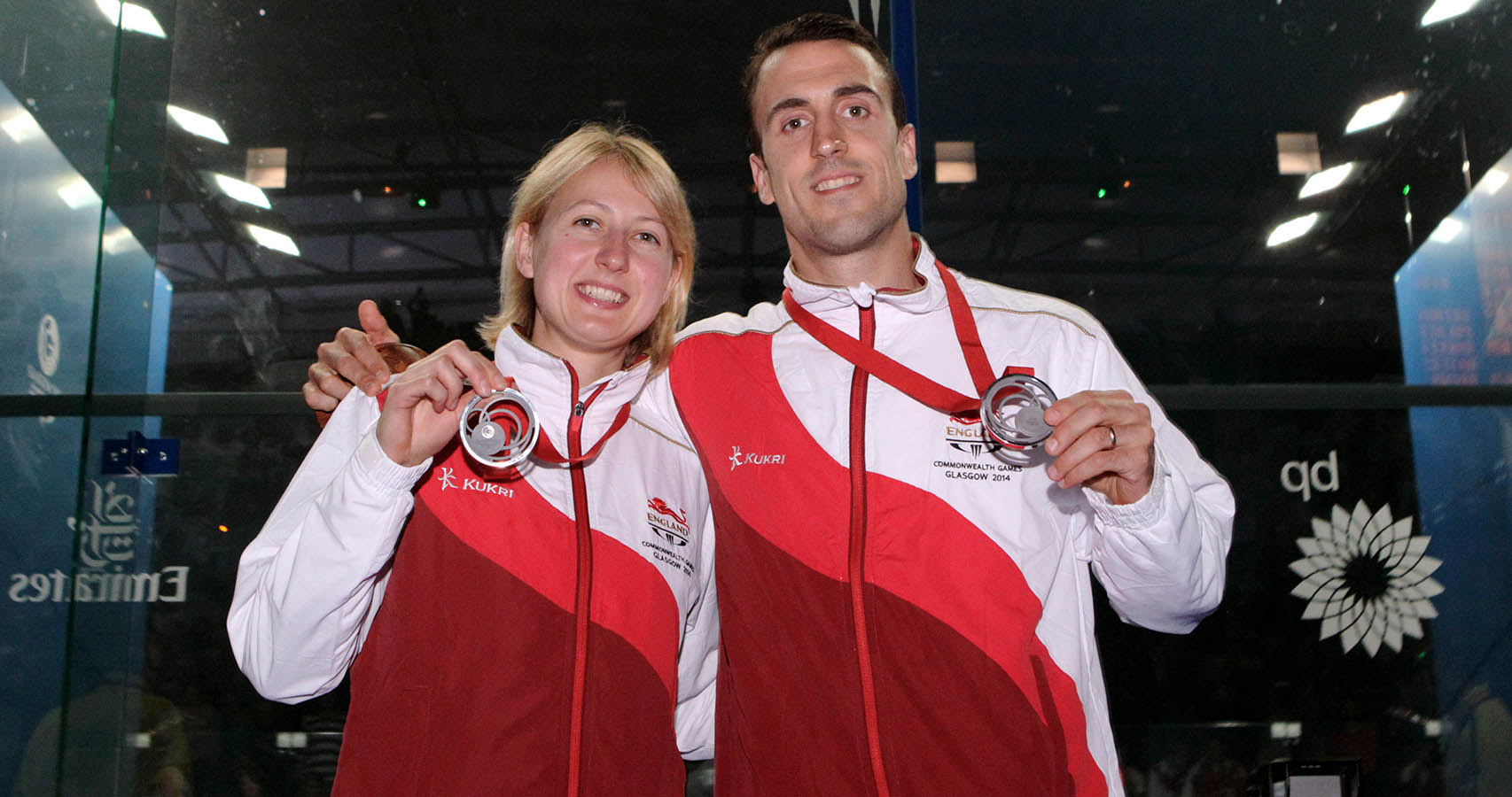 Silver squash medallists Alison Waters and Peter Barker at the 2014 Glasgow Commonwealth Games