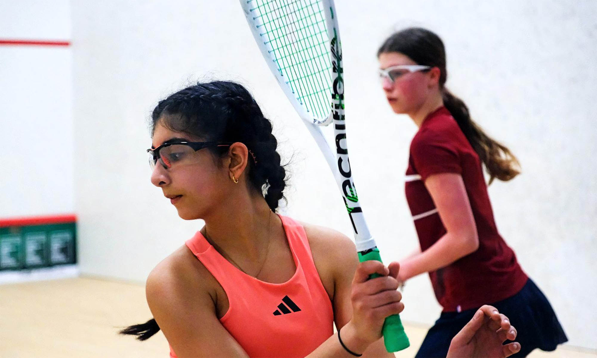 Bella Gokani and Sophie Vail competing in the quarter finals of the MB Nottingham English Junior Championships