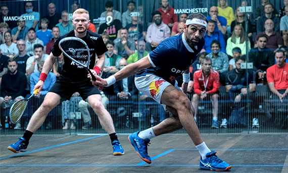 Squash players Joel Makin and Mohamed ElShorbagy competing at the British National Championships
