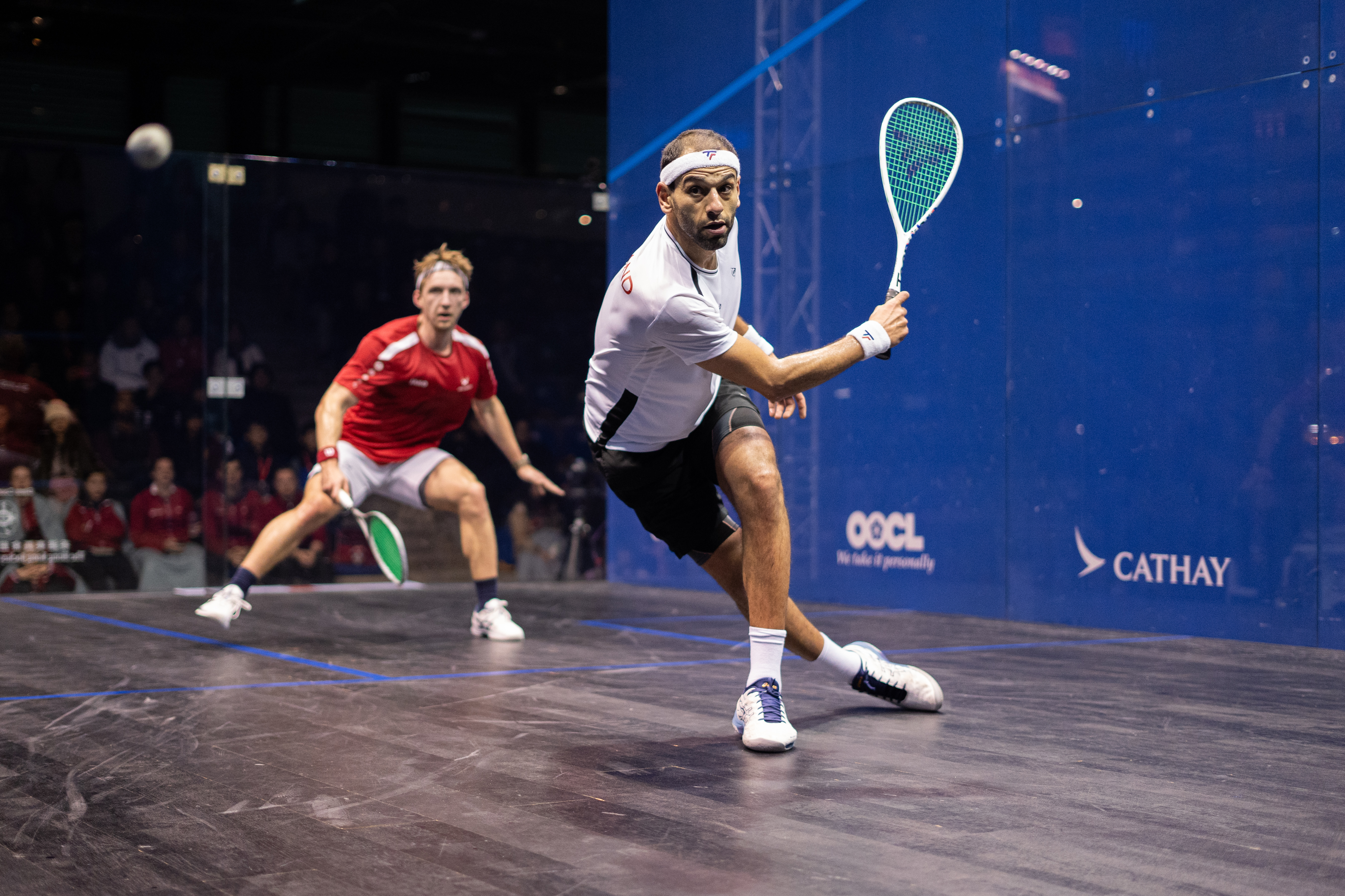 Mohamed El-Shorbagy in action against Switzerland 