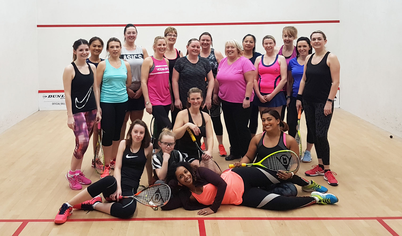 Jayne Robinson with the group of female players she coaches at Pontefract Squash Club