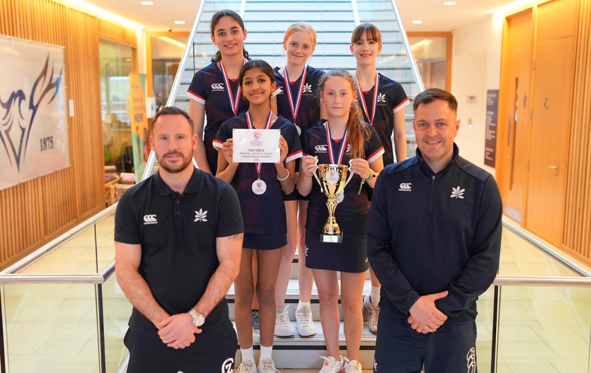 KS3 girls champions Seven Oaks team receive their trophy