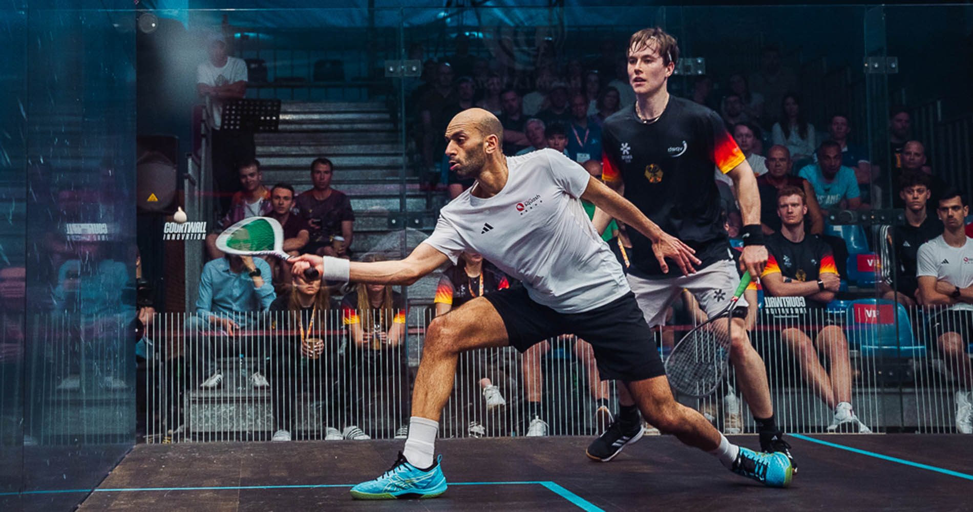 England's Marwan ElShorbagy plays Germany's Yannick Omlor in the 2025 European Team Championships semi-finals