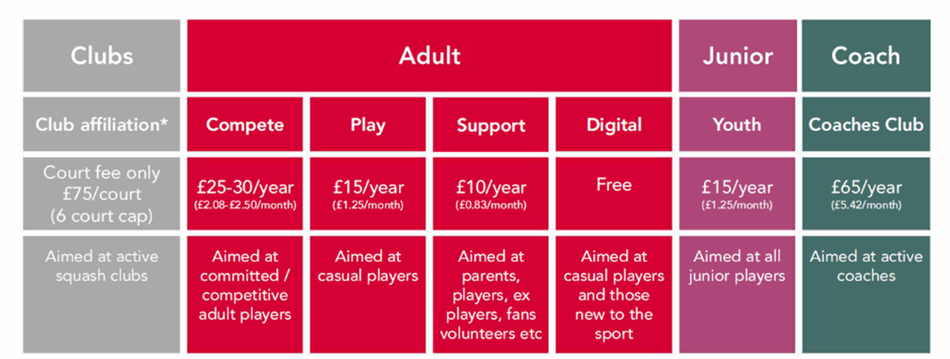 Table outlining the five new membership categories for players (Compete, Play, Support, Digital and Youth)