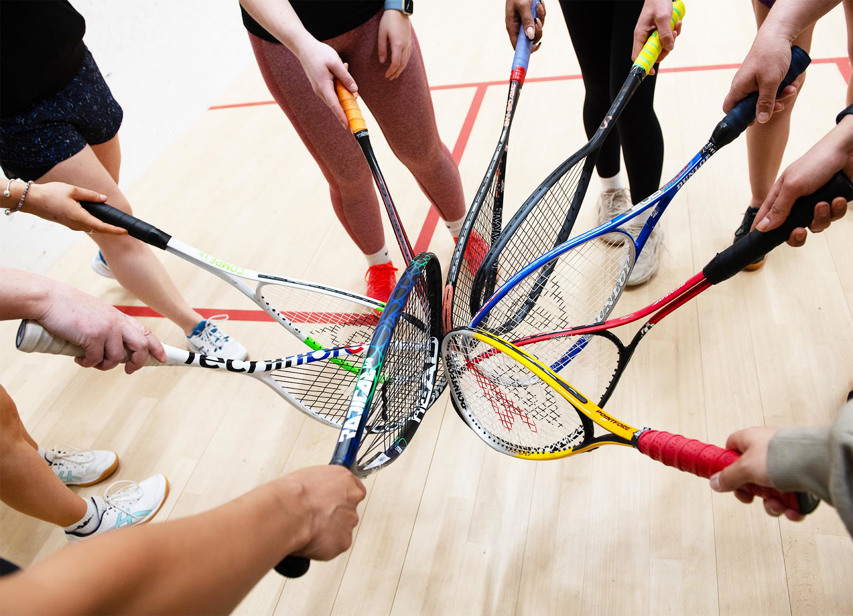 Squash rackets on a squash court