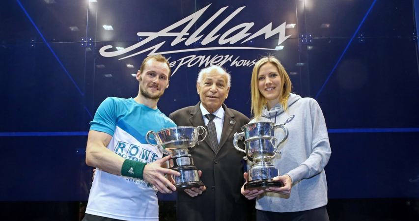 Gregory Gaultier and Laura Massaro pose with their trophies and tournament sponsor, Dr Allam