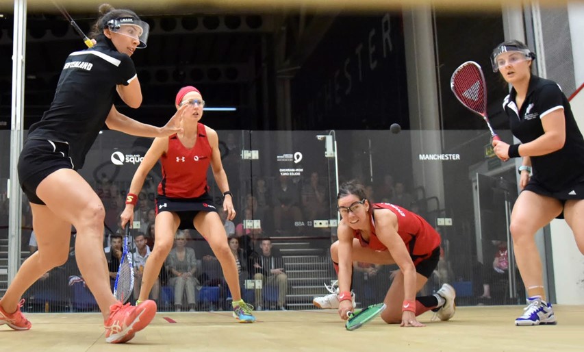 Alison Waters and Jenny Duncalf in action against New Zealand's Joelle King and Amanda Landers-Murphy